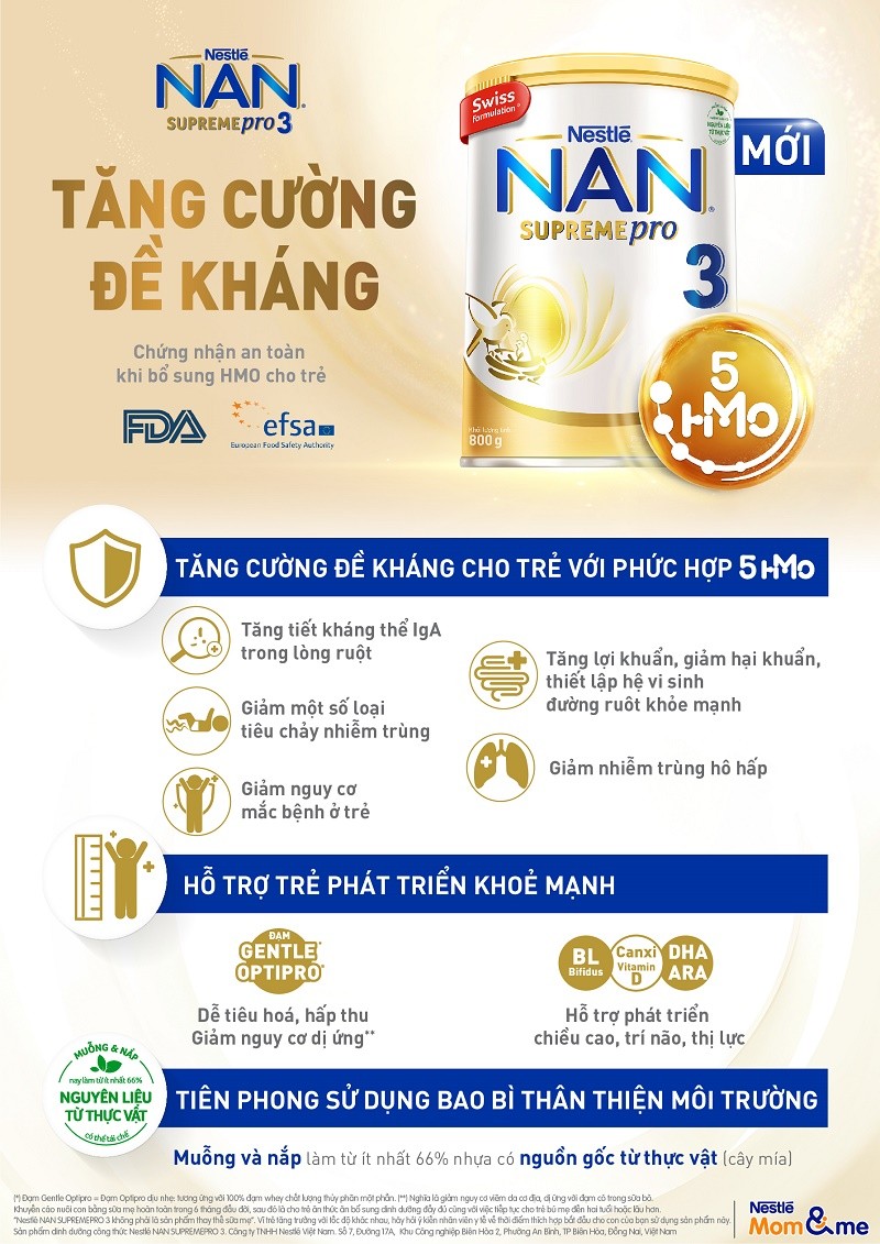 Nestlé Việt Nam chính thức ra mắt sản phẩm NAN SUPREME PRO 3 với công thức  đột phá bổ sung 5 loại HMOs, giúp trẻ tăng cường sức đề kháng